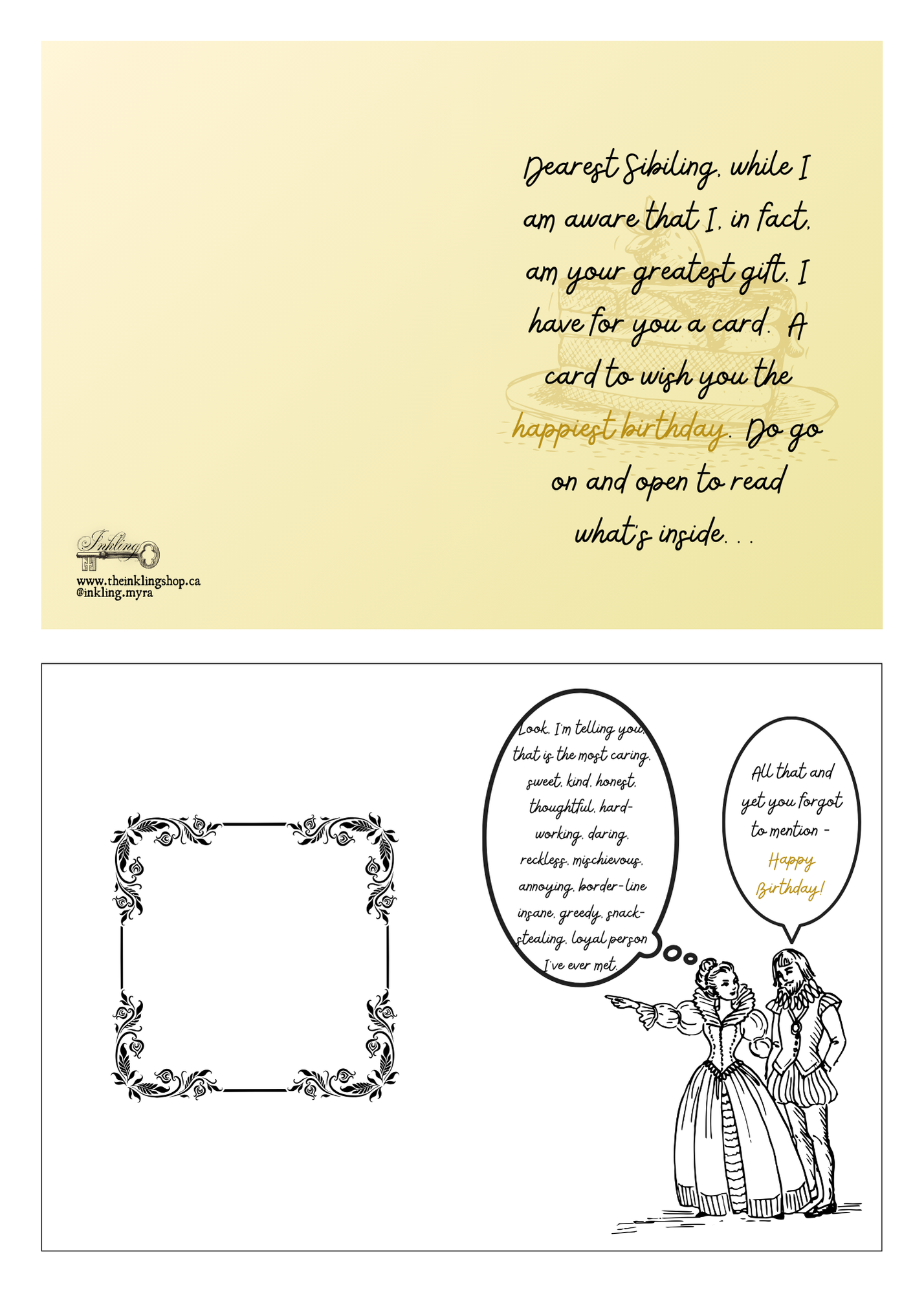 Vintage-style birthday card with text and illustrations on a yellow background